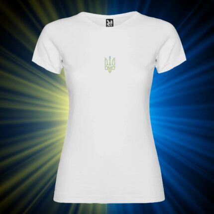 Футболка жіноча патріотична з принтом Тризуб (6см) жовто-синій