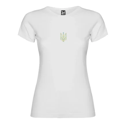 Футболка жіноча патріотична з принтом Тризуб (6см) жовто-синій