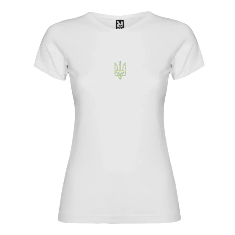Футболка жіноча патріотична з принтом Тризуб (6см) жовто-синій