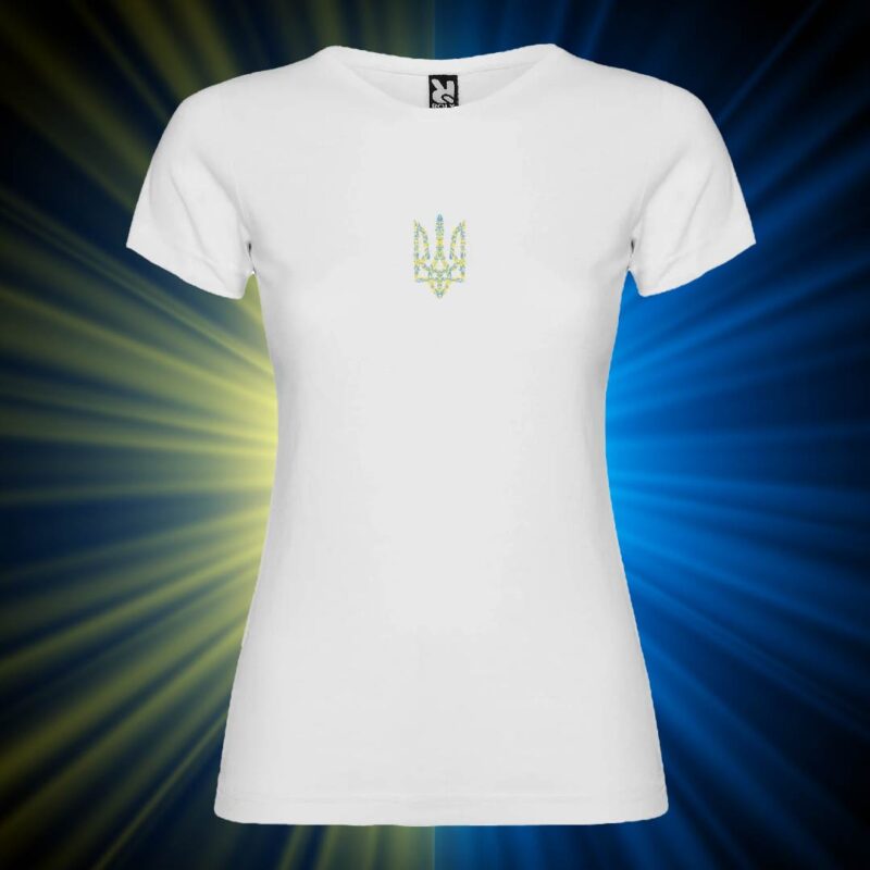 Футболка жіноча з принтом Тризуб (8см) жовто-синій