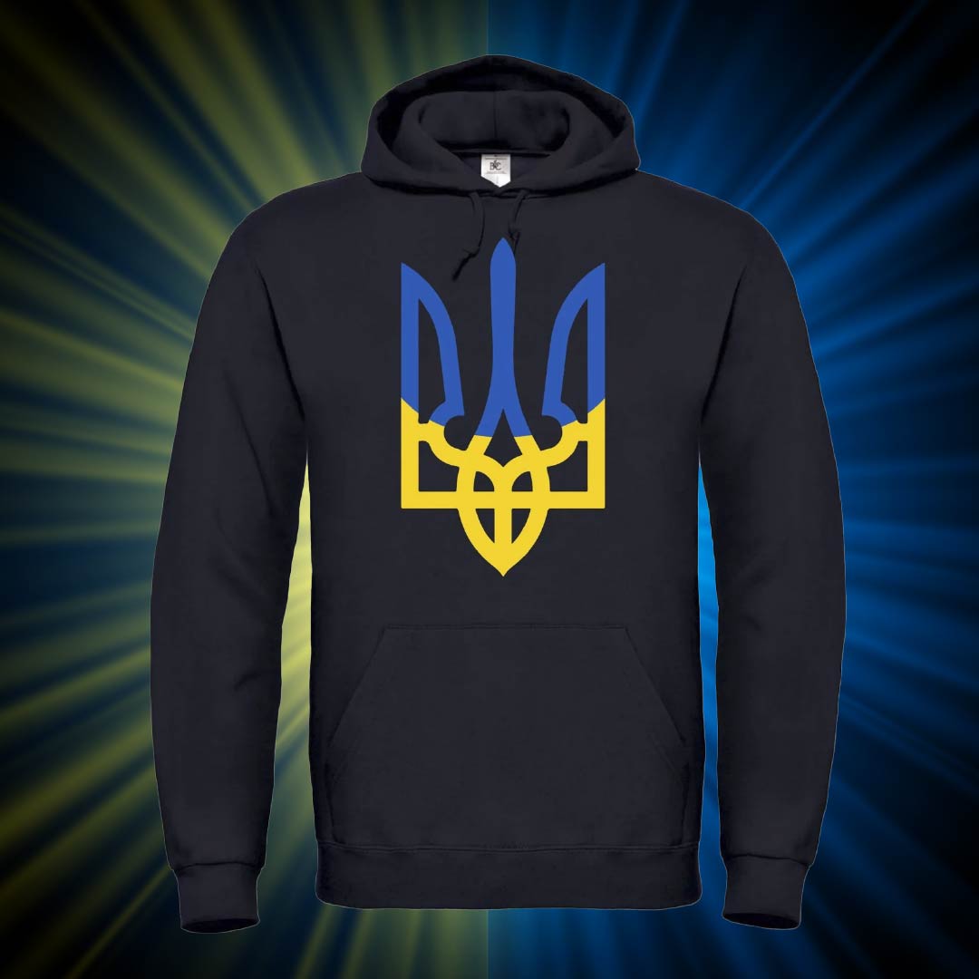 Худі чоловіче з принтом Тризуб синьо-жовтий Худі чоловіче з принтом Тризуб синьо-жовтий