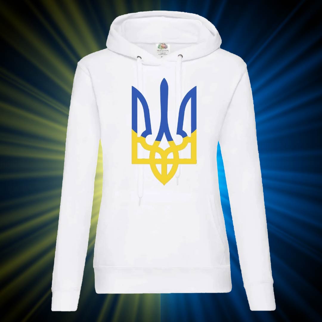 Худі жіноче з принтом Тризуб синьо-жовтий Худі жіноче з принтом Тризуб синьо-жовтий - Зображення 1